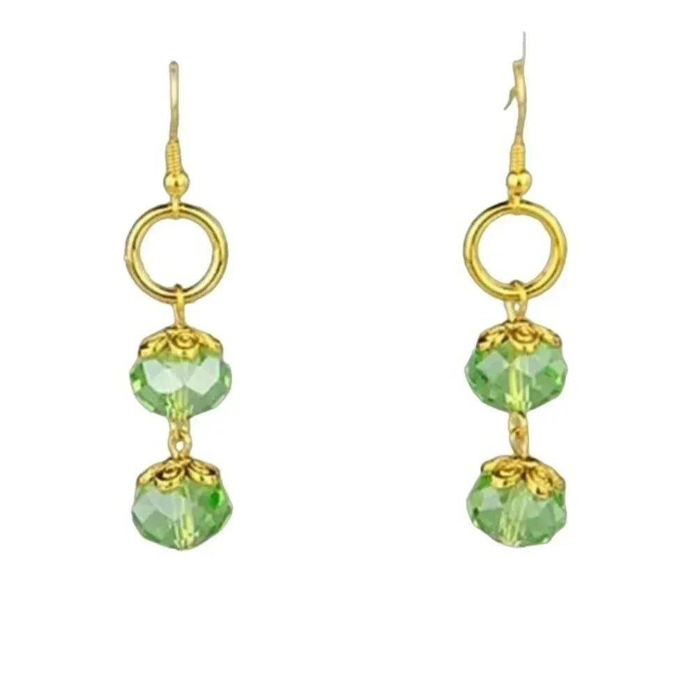 Handcrafted Edgy Faceted Green Crystal Rondelles Gold Plated Dangle Earrings